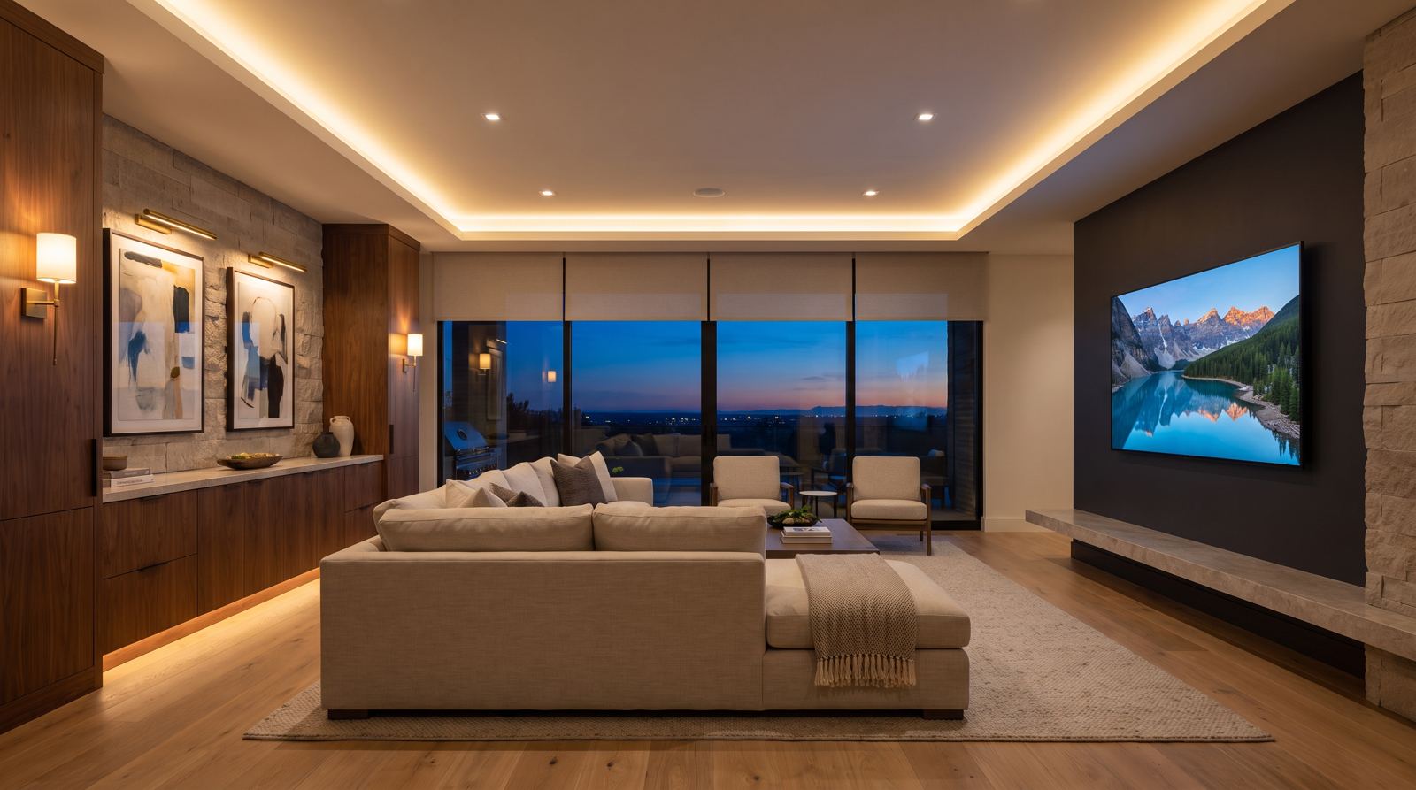 Modern living room at dusk lit by warm sconces, cove lighting and picture lights, with shades lowering over a wall of glass