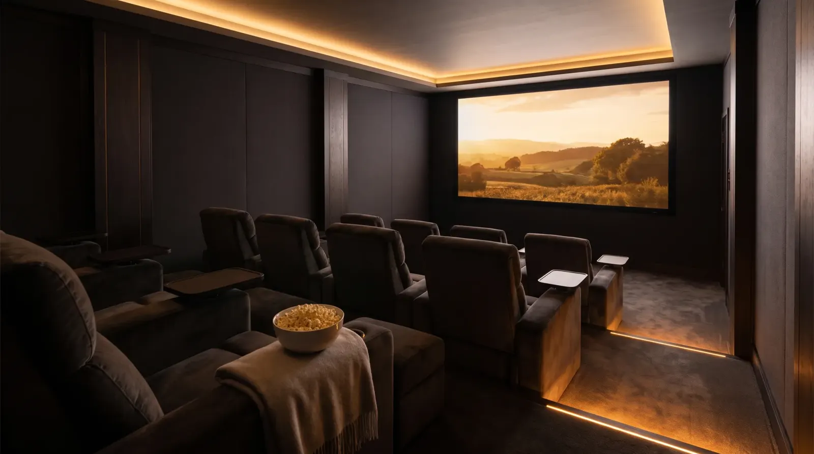 Dim basement home cinema with glowing step lights, plush seats and a warm film scene on the big screen at the start of movie night
