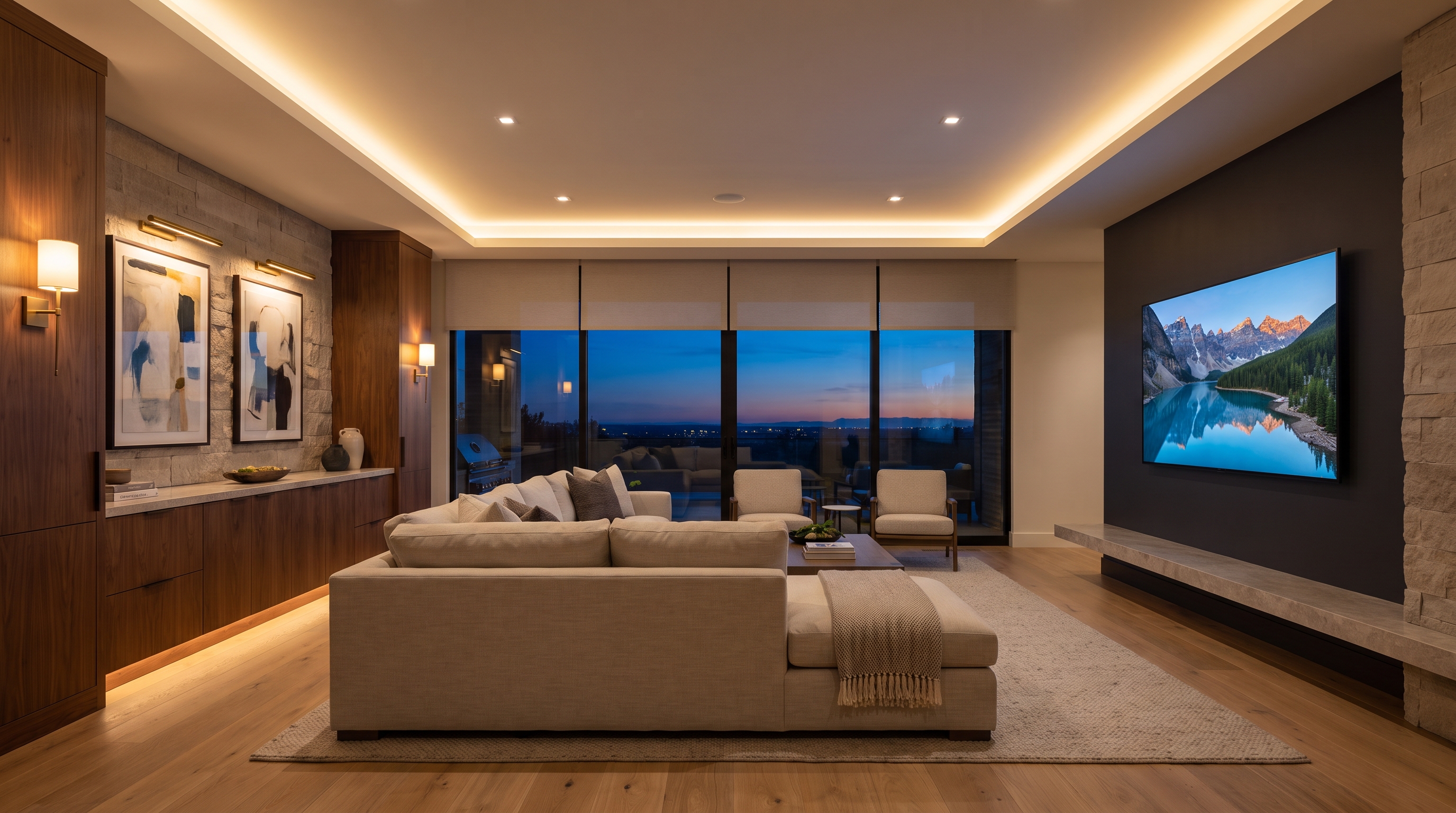 Modern living room at dusk lit by warm sconces, cove lighting and picture lights, with shades lowering over a wall of glass