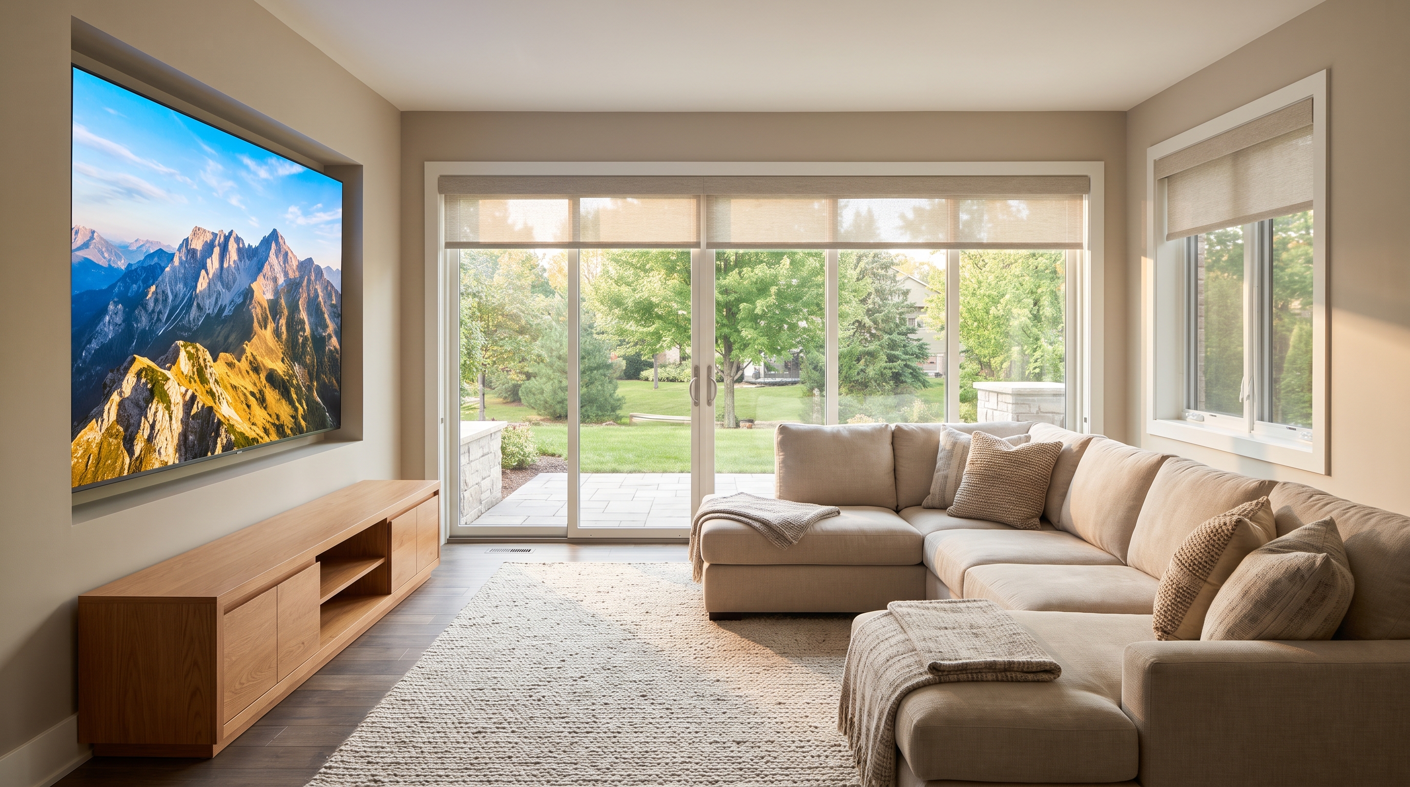 Bright walkout basement media room with a wall-sized Micro LED display showing a mountain landscape while afternoon sun pours through glass doors