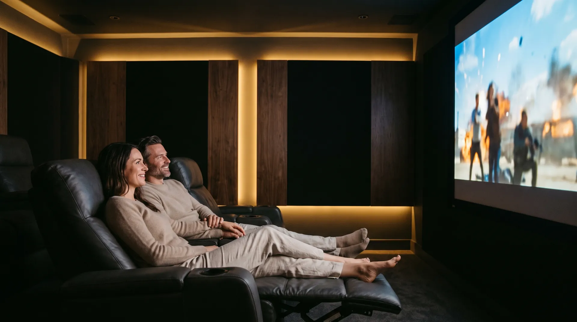 Couple settling into modern recliners as the film begins