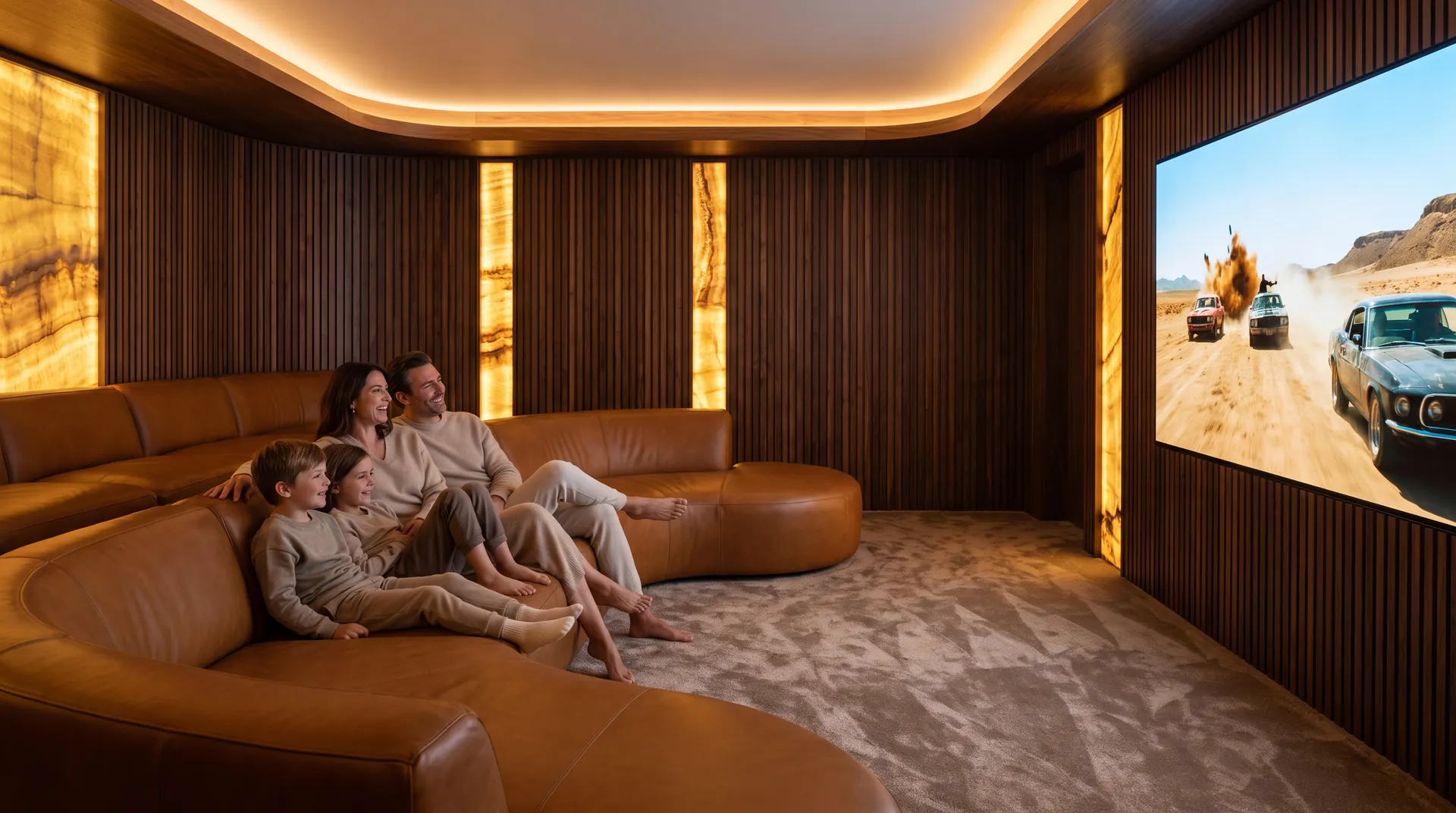 A family in a modern luxury home theater, film on screen