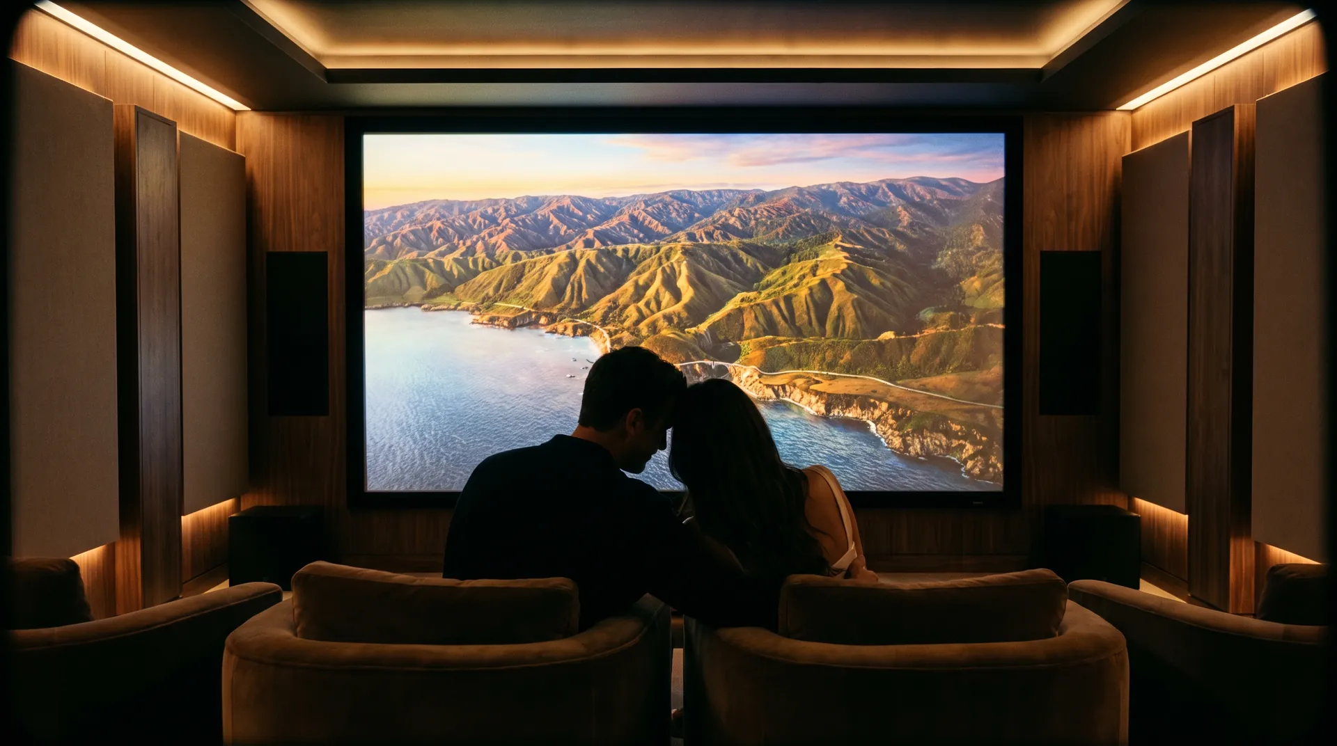A couple immersed in a cinematic vista on the big screen
