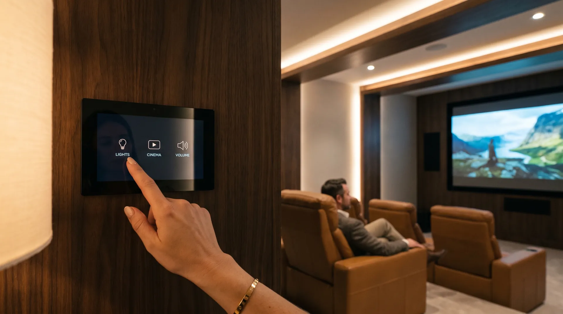 A hand on a modern glass touch panel on the left, home cinema beyond