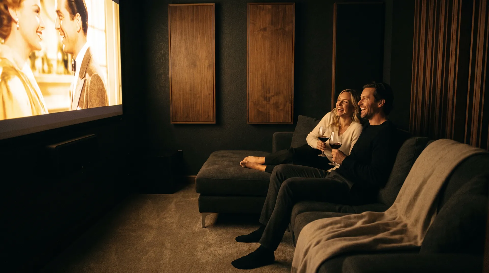A couple enjoying the film with wine, screen glowing